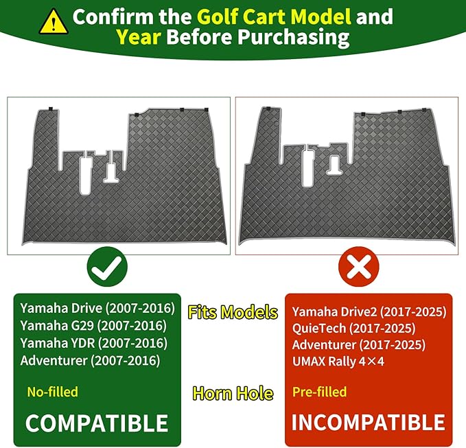 Golf Cart Floor Liner Mat 8mm Thick Rubber Full Coverage Only Fit for 2007-2016 Yamaha Drive (Gen1), G29, YDR, Adventurer Carts Diamond Deluxe Non-Slip Front Feet Mats Replacement - Grey Trim