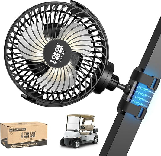 10L0L Magnetic Golf Cart Fan Rechargeable with Flexible Tripod Mount - 10000mAh Battery Operated Portable Fan 360° Rotatable Head, Fits for Yamaha/EZGO/Club Car Golf Cart with LED Light
