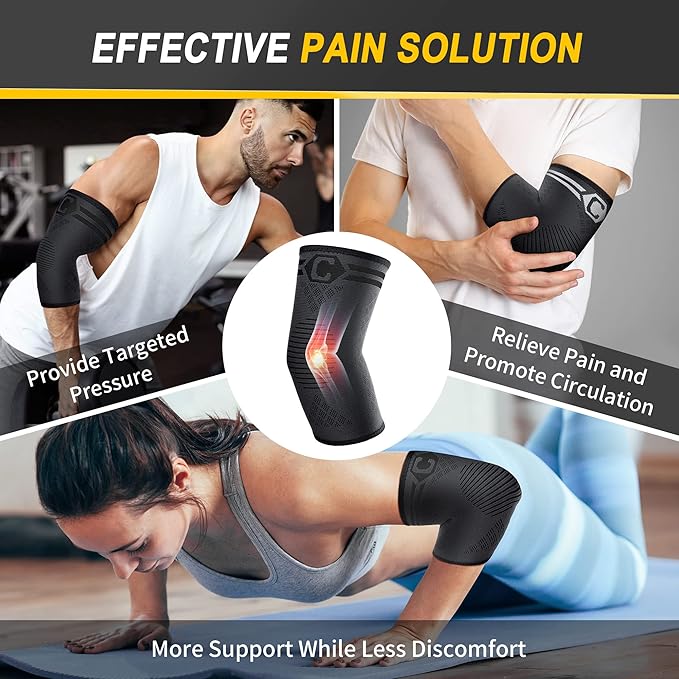 CAMBIVO 2 Pack Elbow Brace for Tendonitis, Tennis Elbow Compression Support Sleeve for Golfers Elbow Pain Relief, Arthritis, Bursitis, Workout, Weightlifting (Black-Grey,Medium