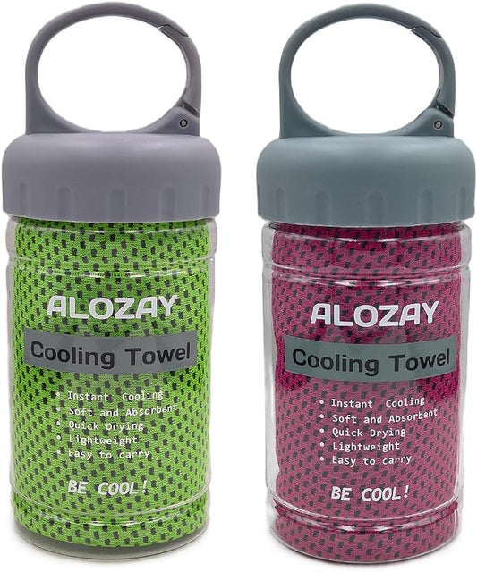 2 Pack Cooling Towels (40"x 12") with Handle Carry Package, Microfiber Ice Towel for Instant Relief, Soft Breathable Chilly Towel for Yoga, Fitness, Travel, Golf, Gym (Green/Rose Red)