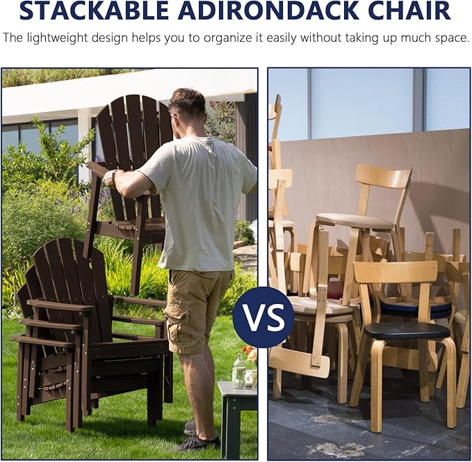 Stackable Adirondack Chairs Set of 2, Compact HDPE, Coffee | 26.3" Wide HDPE - Image 3