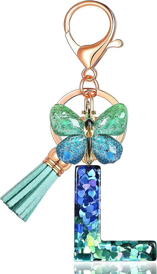 JINGUAZI Initial letter Keychains for Women Tassel Butterfly Pink Purple Cute Car Keychain for Wallet Backpack bag charm