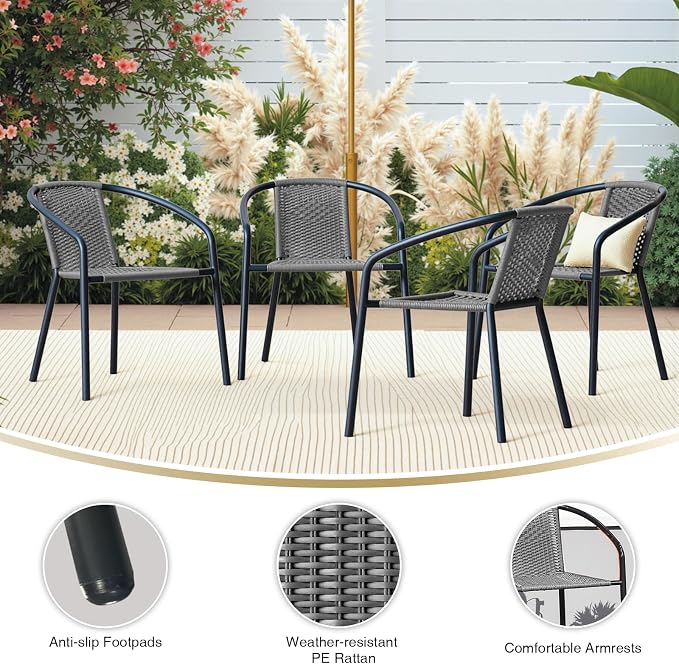 4 Pack Indoor-Outdoor Patio Stackable Rattan Chairs, Restaurant Bistro Wicker - Image 4