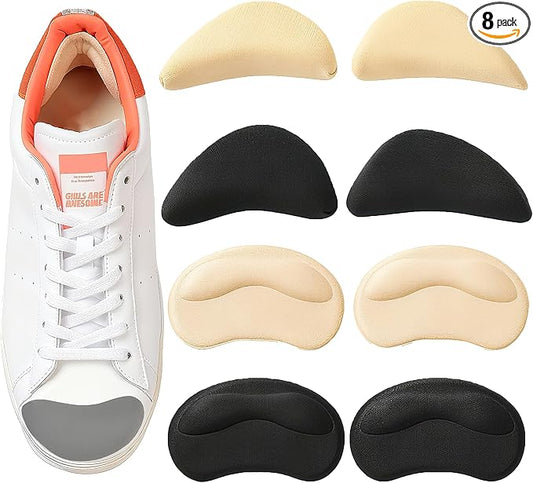 8 Pcs Shoe Fillers & Heel Pads for Loose or Too Big Shoes – Toe Cushions & Heel Grips for Women and Men, Comfort Insoles for Heels, Sneakers, Boots – Pain Relief & Better Fit(Black + Beige)