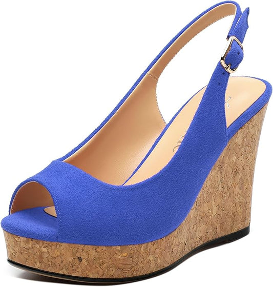 Womens Wedge Platform Sandals Peep Open Toe Slingback Buckle High Heel Dress Shoes Pumps Suede 3.94 Inch