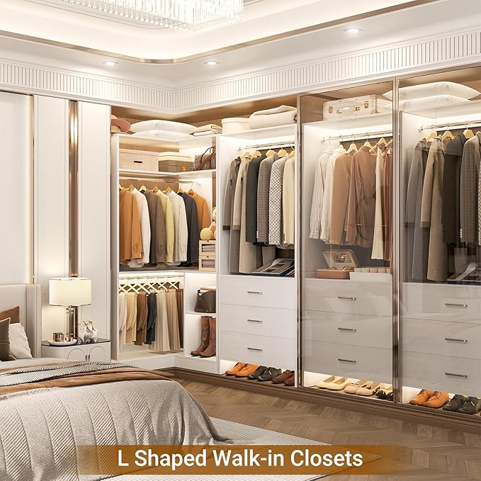 Aheaplus Closet System with 3 Drawers, 2 Hanging Rods & Corner Tower, Corner Closet System with Hanging, L-Shaped Walk-In Wardrobe Organizer, 1300+ lbs Capacity, Set of 2, White