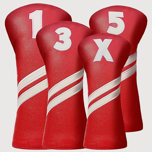 Golf Club Head Covers for Fairway Woods Driver Hybrids, 4pcs Premium PU Leather Women Golf Headcovers Set with No.Tags1 3 5 X.(Red)