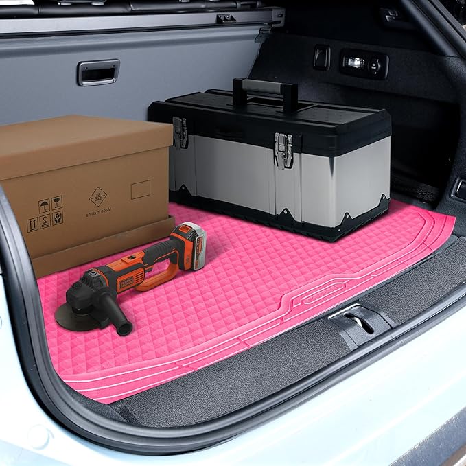 CAR PASS Heavy Duty Rubber Hot Pink Car Floor Mats & Cargo Liners, Deep Dish All-Weather Trunk Mats Durable Anti-Slip 3D Rhombus Waterproof Trim to Fit Liner Universal Fit Auto,Sedan,SUV,Truck, Pink