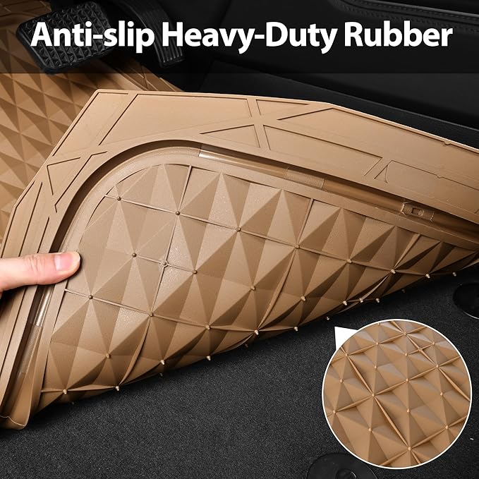 CAR PASS Heavy Duty Rubber Car Mats, Deep Dish All-Weather Floor Mat for Car Full Set Durable Anti-Slip 3D Rhombus Waterproof Trim to Fit Liner Universal Fit Automotive,Sedan,SUV,Truck, 3 Piece Beige
