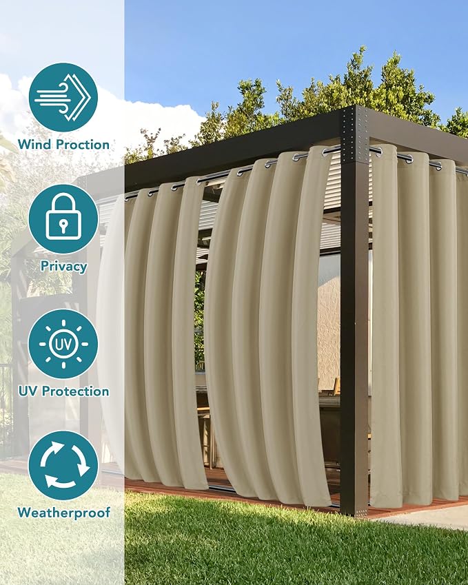 Windproof Outdoor Curtains for Patio Waterproof 4 Pcs 54x108 In Taupe | Grommet - Image 3