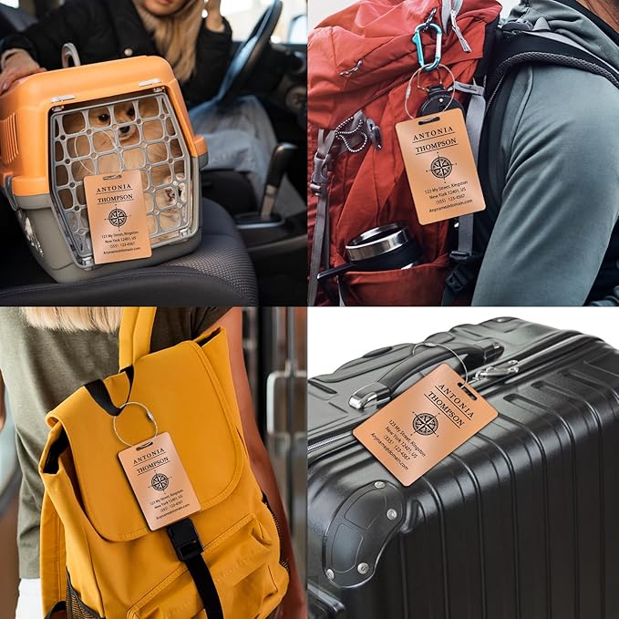 Custom Stainless Steel Luggage Tags (2 Pack) - Personalized Laser Engraved Luggage Tag, Waterproof Durable, for Bags, Backpack Travel, Suitcases (Rose Gold)