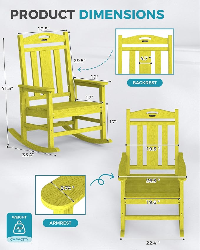Oversized Outdoor Rocking Chairs Set of 2, 380lbs Heavy-Duty Large Patio Rocker - Image 3