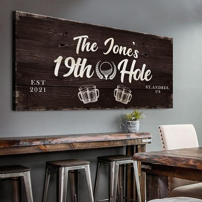 TAILORED CANVASES Golf Art Decor - Personalized Vintage Golf Wall Art Sign for Man Cave, Bedroom, Basement, Home Bar and Custom Gift for Husband, Dad, Wedding & Anniversary - 19th Hole Sign, 48"x24"
