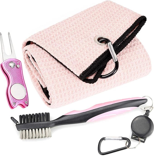 Mile High Life Microfiber Waffle Pattern Golf Towel | Club Groove Cleaner Brush | Foldable Divot Tool with Magnetic Ball Marker (Pink Towel/Brush/Fish Divot)