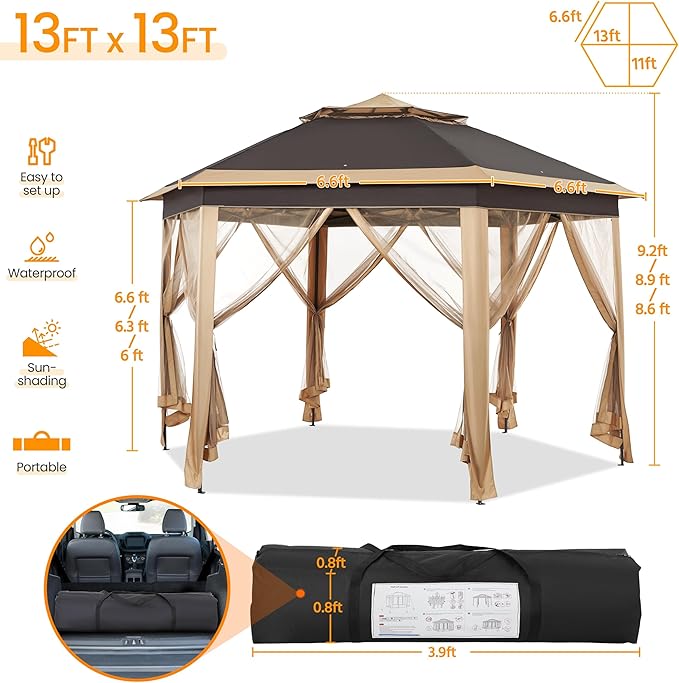 Yaheetech 13x13 Pop Up Gazebo Double-Tier w/Mesh Netting Patio Canopy Brown | - Image 3