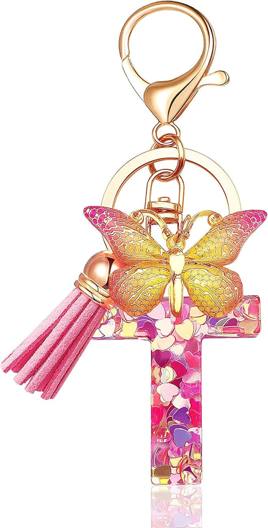 JINGUAZI Initial letter Keychains for Women Tassel Butterfly Pink Purple Cute Car Keychain for Wallet Backpack bag charm