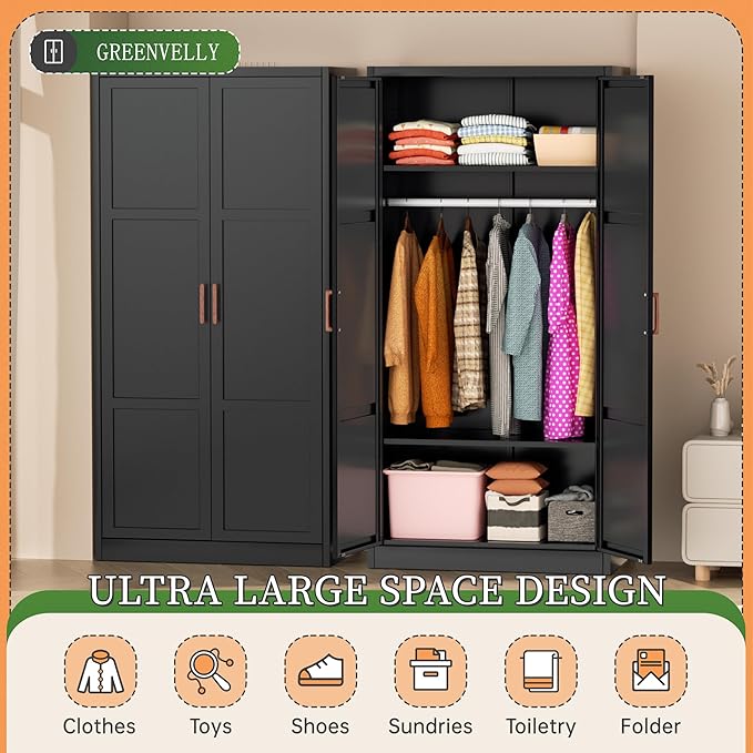 Greenvelly Metal Wardrobe Cabinet with Wooden Handle, 72" Black Metal Wardrobe Closet with Hanging Rods and Adjustable Shelves, Clothing Storage Closet Cabinet for Bedroom, Cloak Room, Laundry Room