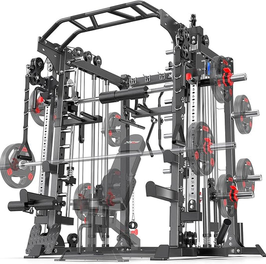 Smith Machine，Multi-Function Squat Rack Power Cage with Cable Crossover System,with Optional Weight Bench, Olympic Barbell Weight Set, for Home Gym