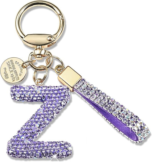 Pink Blue White Initial Letter Keychain Gift for Women Girls Bling Sparkly Cute Backpack Car Key Accessories Lanyard