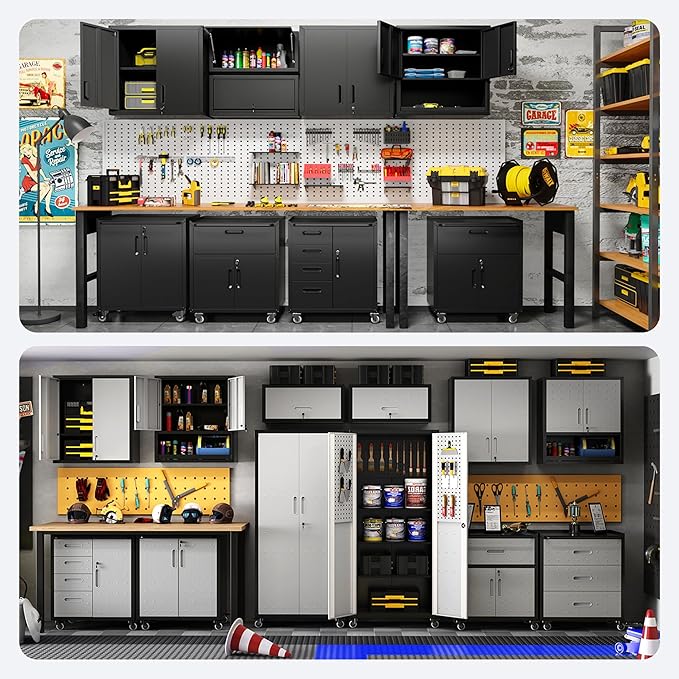 Metal Tool Cabinet,Garage Storage Cabinet System,Wall Cabinet & Locking Rolling Tool Cabinet with Doors and Adjustable Shelves,Steel Tool Cabinets for Home (2 Pcs-StyleA, Black)