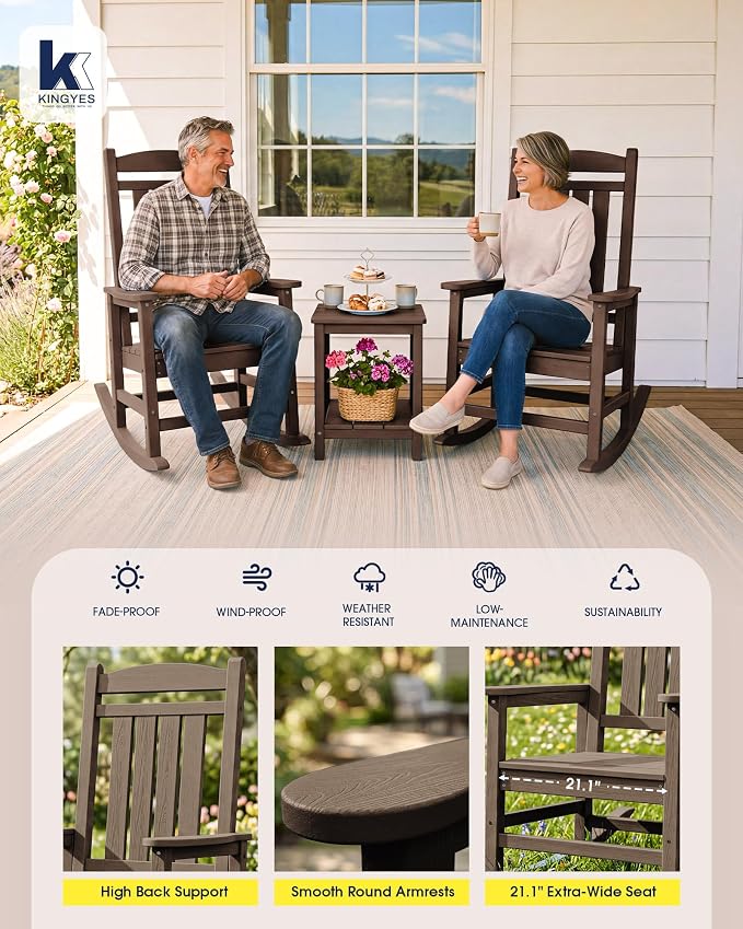 Oversized Outdoor Rocking Chair Set of 4, HDPE Porch Rocker, Coffee | - Image 6