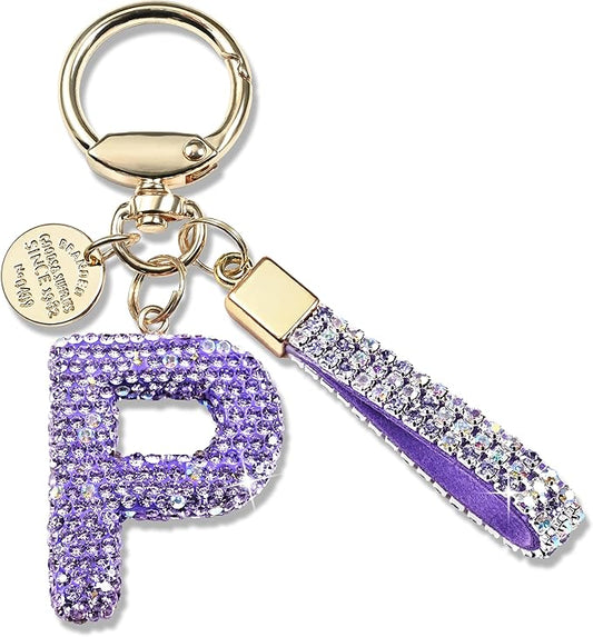 Pink Blue White Initial Letter Keychain Gift for Women Girls Bling Sparkly Cute Backpack Car Key Accessories Lanyard
