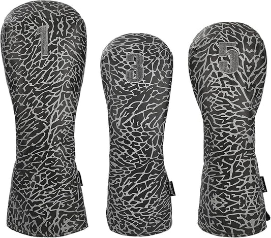 Golf Driver Head Covers 3-Pack for Men & Women - Premium PU Leather with Elephant Embroidery, Double Elastic Band (Driver/Fairway/Hybrid), Waterproof & Durable - White Grey or Black Grey