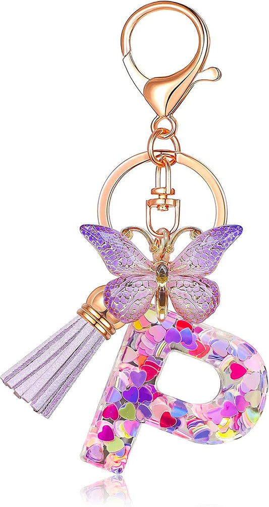JINGUAZI Initial letter Keychains for Women Tassel Butterfly Pink Purple Cute Car Keychain for Wallet Backpack bag charm