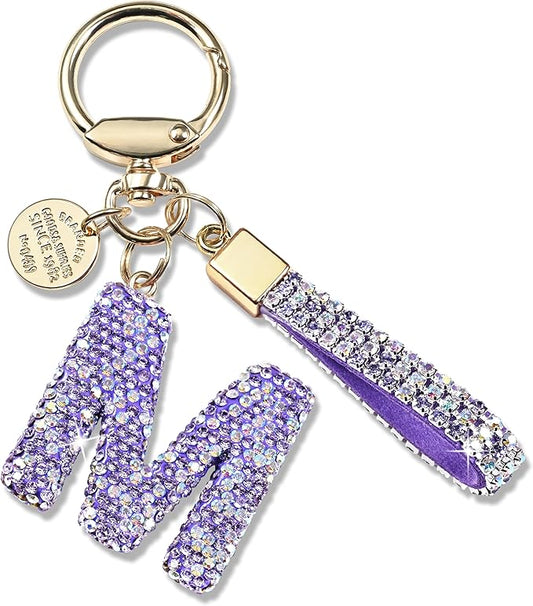 Pink Blue White Initial Letter Keychain Gift for Women Girls Bling Sparkly Cute Backpack Car Key Accessories Lanyard