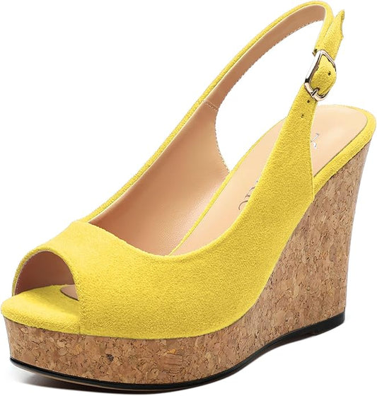 Womens Wedge Platform Sandals Peep Open Toe Slingback Buckle High Heel Dress Shoes Pumps Suede 3.94 Inch