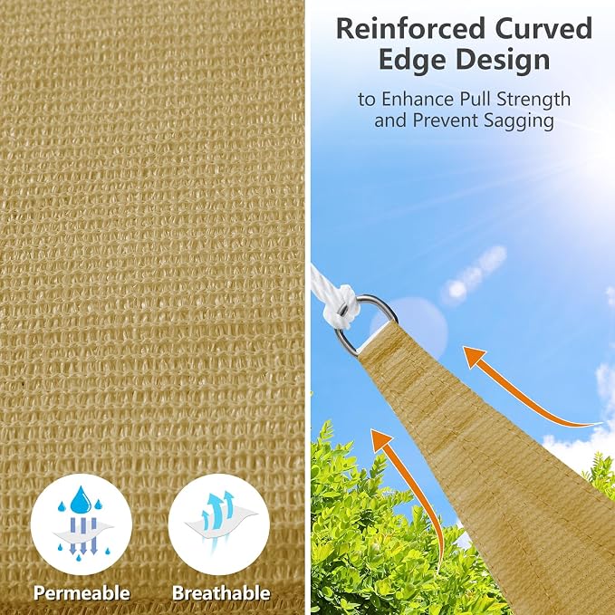 10' x 10' x 10' Triangle Sun Shade Sail, 185 GSM HDPE, Sand | 95% UV block - Image 3