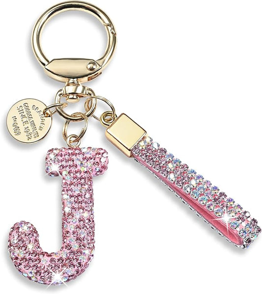 Pink Blue White Initial Letter Keychain Gift for Women Girls Bling Sparkly Cute Backpack Car Key Accessories Lanyard