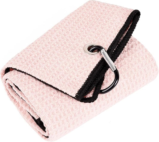 Mile High Life Microfiber Golf Towel, 21" X 24", Waffle Pattern w Clip, Super Absorbent Tri-fold Large Towels, Golf Bag Accessories for Men & Women（Pink）