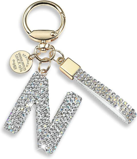 Pink Blue White Initial Letter Keychain Gift for Women Girls Bling Sparkly Cute Backpack Car Key Accessories Lanyard