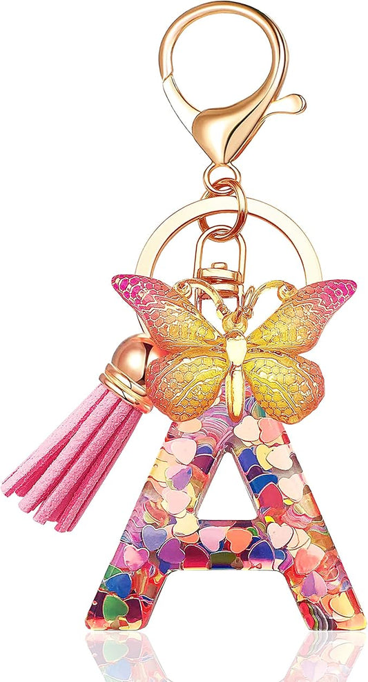 JINGUAZI Initial letter Keychains for Women Tassel Butterfly Pink Purple Cute Car Keychain for Wallet Backpack bag charm