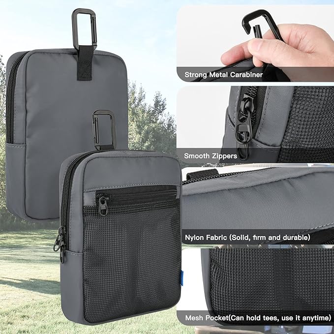 Xxerciz Golf Ball Pouch Bag Multi Pocket with Clip, Durable Nylon Golf Accessory Bag Organizer for Extra Phone, Ball, Tees, Pencils, Wallet, Ball Markers