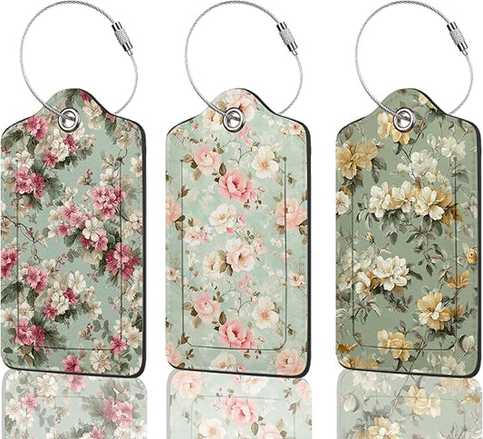 Luggage Tags for Suitcases Durable Leather Luggage Tags Cute Travel Name Tags for Cruise Ships Travel Essentials 3 Pack (Vintage Floral)