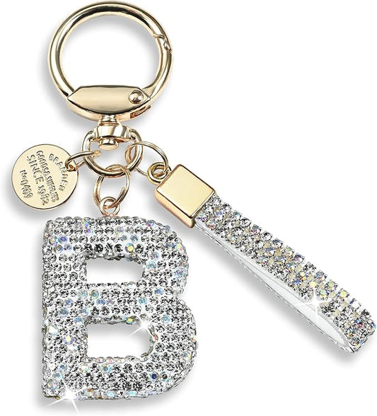 Pink Blue White Initial Letter Keychain Gift for Women Girls Bling Sparkly Cute Backpack Car Key Accessories Lanyard