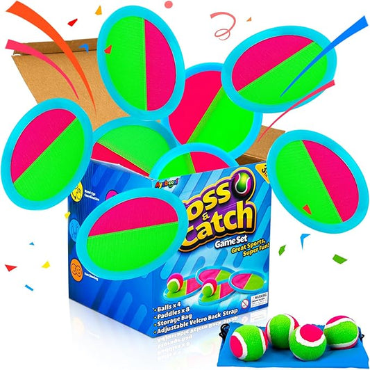 Ayeboovi Toss and Catch Ball Set with 8 Paddles 4 Balls Outdoor Beach Pool Toys for 3 4 5 6 7 8 Year Old Boys Girls Birthday Gift Stocking Stuffers Outside Camping Lawn Yard Games for Kids and Family