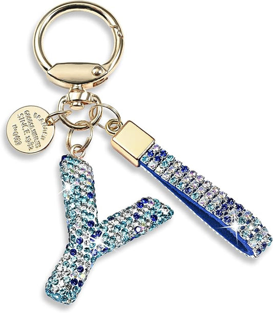 Pink Blue White Initial Letter Keychain Gift for Women Girls Bling Sparkly Cute Backpack Car Key Accessories Lanyard