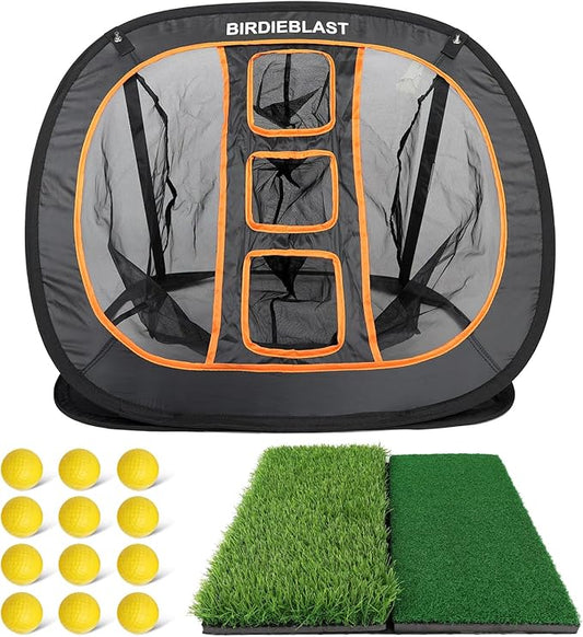 Professinoal Golf Chipping Net with Golf Hitting Mat,12 Practice Foam Balls and 2 Pixing Pins, for Indoor and Outdoor Target Chipping Training