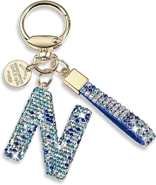 Pink Blue White Initial Letter Keychain Gift for Women Girls Bling Sparkly Cute Backpack Car Key Accessories Lanyard
