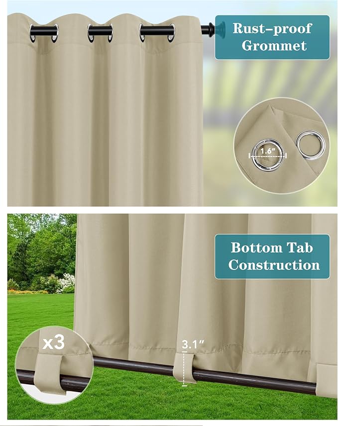 Windproof Outdoor Curtains for Patio Waterproof 4 Pcs 110x120 In Cream | - Image 2