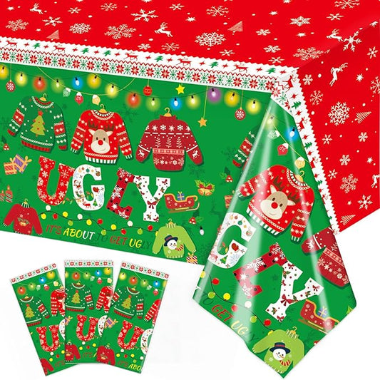 3 Pieces Christmas Tablecloth Plastic Ugly Sweater Table Cover for Ugly Sweater Party Decorations Christmas Party Supplies, 54x108 inch