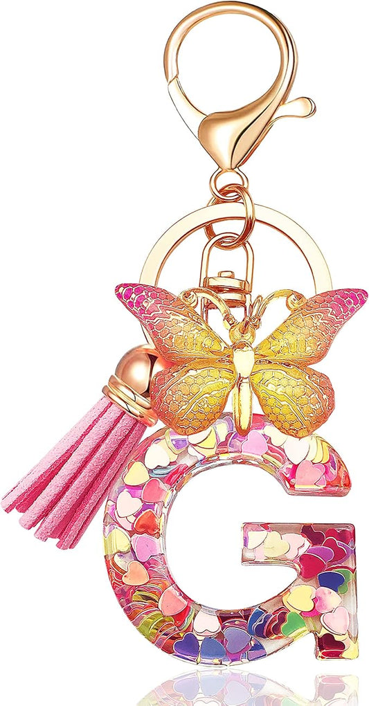 JINGUAZI Initial letter Keychains for Women Tassel Butterfly Pink Purple Cute Car Keychain for Wallet Backpack bag charm