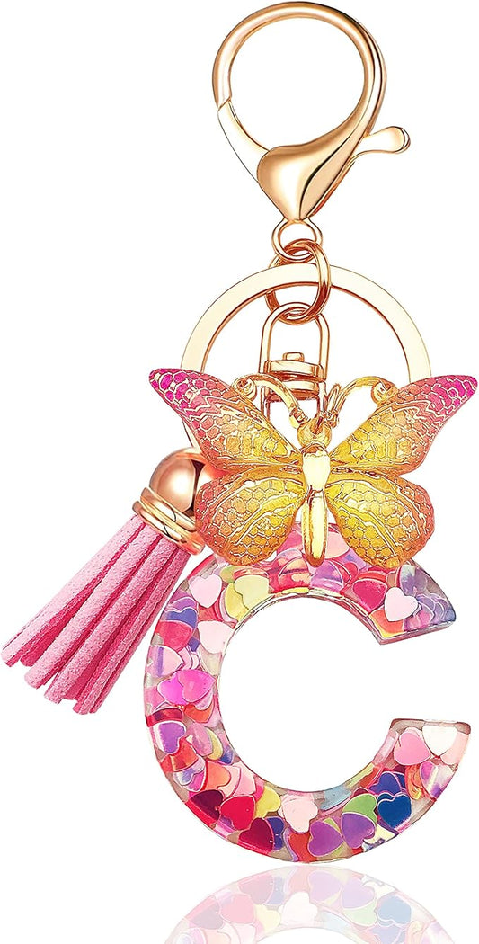 JINGUAZI Initial letter Keychains for Women Tassel Butterfly Pink Purple Cute Car Keychain for Wallet Backpack bag charm