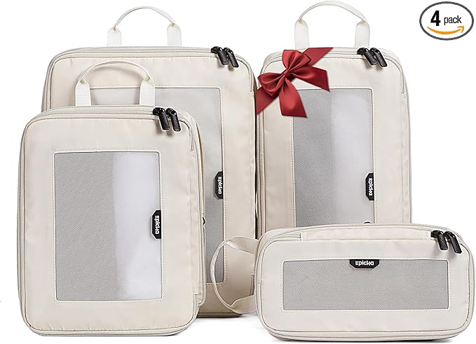EPICKA TripCozy Compression Packing Cubes - 4 Set Durable Travel Organizer Bags with Mesh Top, Expandable Travel Accessories for Carry on, Luggage, Suitcase, Backpack (Beige)