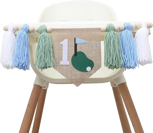 Golf Theme 1st Birthday Tassels High Chair Banner - Green Blue Golf Hole In One First Birthday Decorations