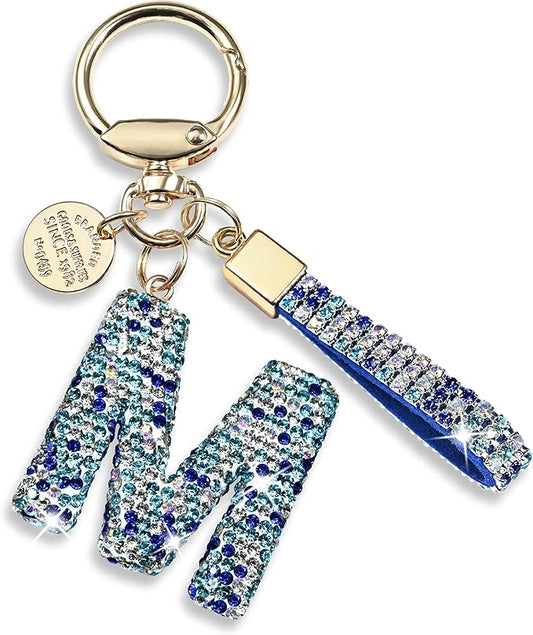 Pink Blue White Initial Letter Keychain Gift for Women Girls Bling Sparkly Cute Backpack Car Key Accessories Lanyard