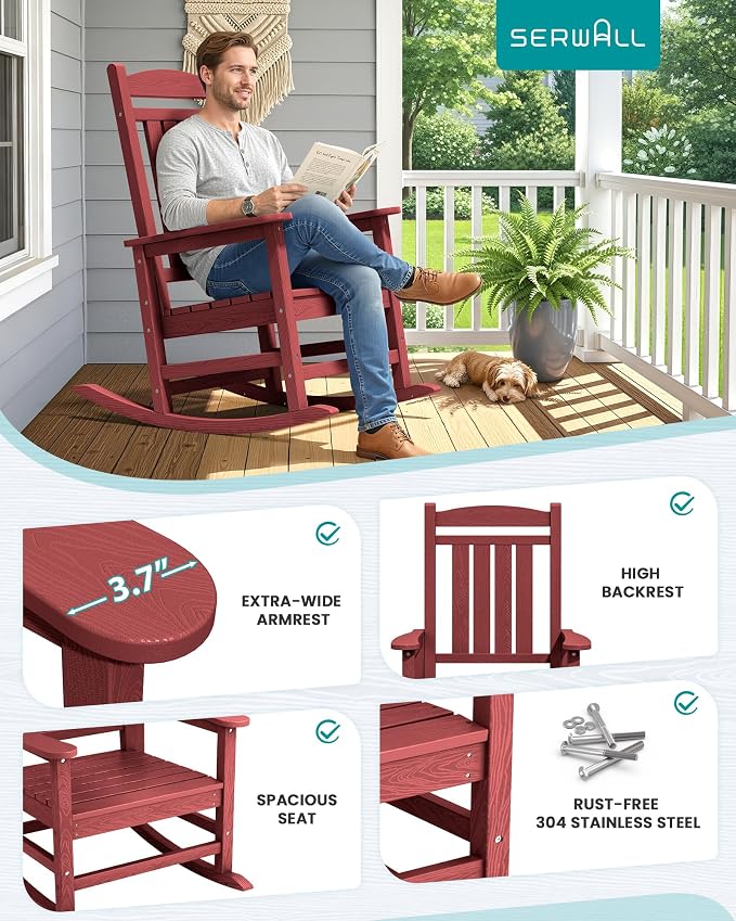 SERWALL Outdoor Rocking Chair Set of 2, Oversized Patio Rocking Chair, Porch - Image 7